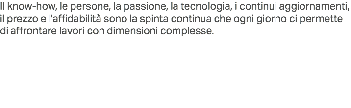 Il know-how, le persone, la passione, la tecnologia, i continui aggiornamenti, il prezzo e l'affidabilità sono la spinta continua che ogni giorno ci permette di affrontare lavori con dimensioni complesse. 